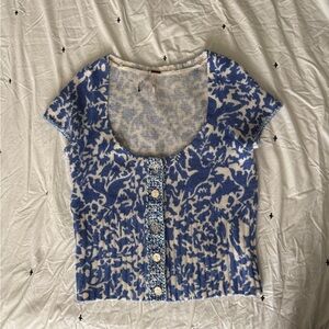 Free People Blue and White Short Sleeve Button Front Knit Top
